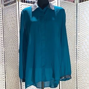 Sheer Teal Button Up with Silver Sequins XL